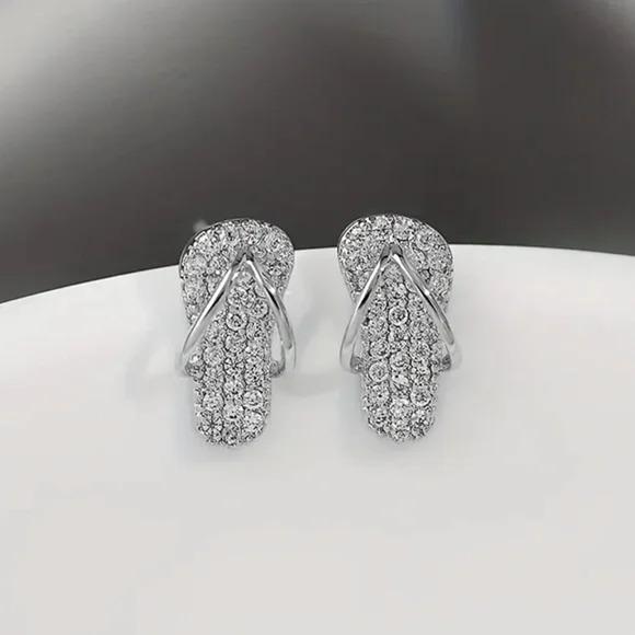 Dainty Flip Flop Ear Studs with Rhinestones in Silver color - Picture 1 of 5